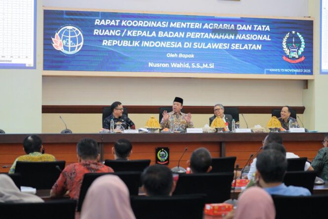 
					116 Wilayah di Sulsel Belum Miliki RDTR, Sertifikasi Wakaf Baru 20%, Integrasi NIB–NOP Jadi Target Utama Rakor