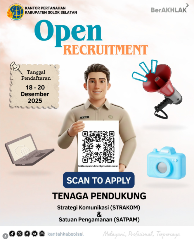 
					Pengumuman Rekrutmen Tenaga Pendukung di Kantor Pertanahan Kabupaten Solok Selatan