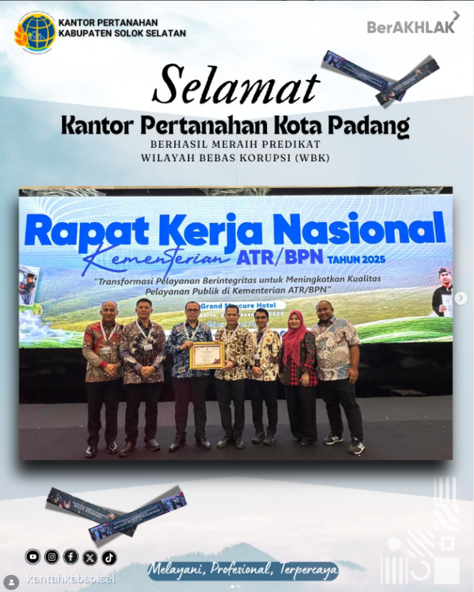 
					Kantor Pertanahan Kabupaten Solok Selatan Sampaikan Ucapan Selamat atas Predikat WBK Kantor Pertanahan Kota Padang